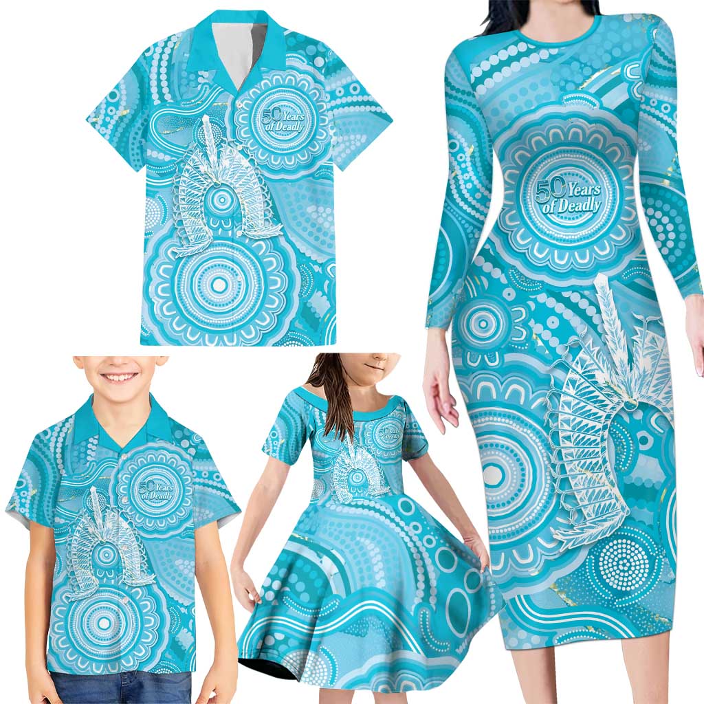 50 Years Deadly NAIDOC Week 2026 Personalised Family Matching Long Sleeve Bodycon Dress and Hawaiian Shirt Dhari Blue Indigenous Art