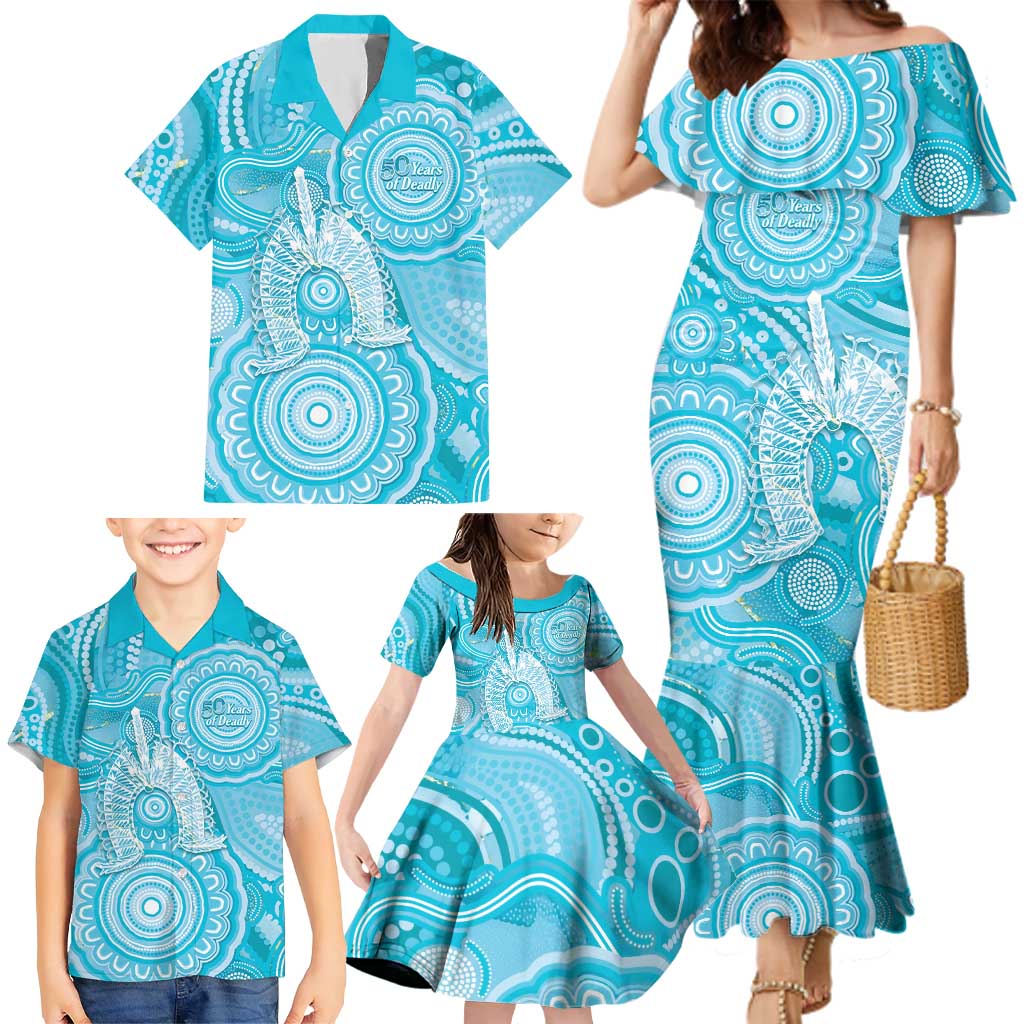 50 Years Deadly NAIDOC Week 2026 Personalised Family Matching Mermaid Dress and Hawaiian Shirt Dhari Blue Indigenous Art