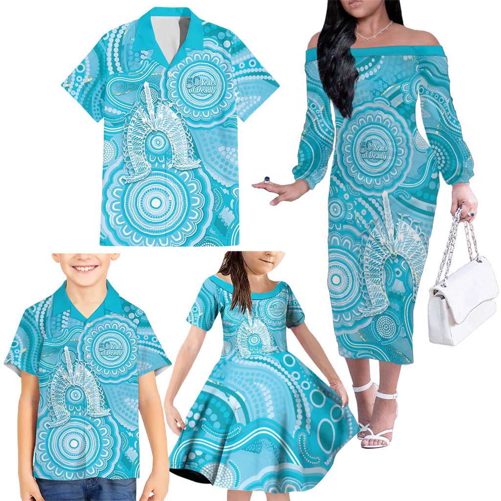 50 Years Deadly NAIDOC Week 2026 Personalised Family Matching Off The Shoulder Long Sleeve Dress and Hawaiian Shirt Dhari Blue Indigenous Art