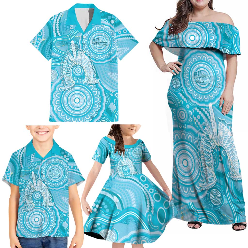 50 Years Deadly NAIDOC Week 2026 Personalised Family Matching Off Shoulder Maxi Dress and Hawaiian Shirt Dhari Blue Indigenous Art
