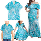 50 Years Deadly NAIDOC Week 2026 Personalised Family Matching Off Shoulder Maxi Dress and Hawaiian Shirt Dhari Blue Indigenous Art