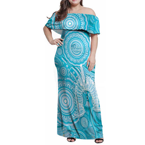 50 Years Deadly NAIDOC Week 2026 Personalised Family Matching Off Shoulder Maxi Dress and Hawaiian Shirt Dhari Blue Indigenous Art