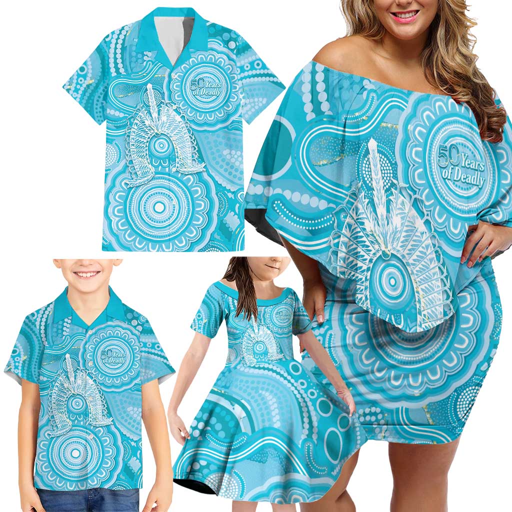 50 Years Deadly NAIDOC Week 2026 Personalised Family Matching Off Shoulder Short Dress and Hawaiian Shirt Dhari Blue Indigenous Art