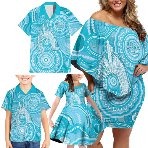 50 Years Deadly NAIDOC Week 2026 Personalised Family Matching Off Shoulder Short Dress and Hawaiian Shirt Dhari Blue Indigenous Art