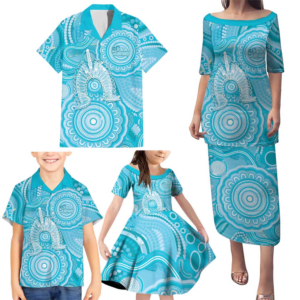 50 Years Deadly NAIDOC Week 2026 Personalised Family Matching Puletasi and Hawaiian Shirt Dhari Blue Indigenous Art