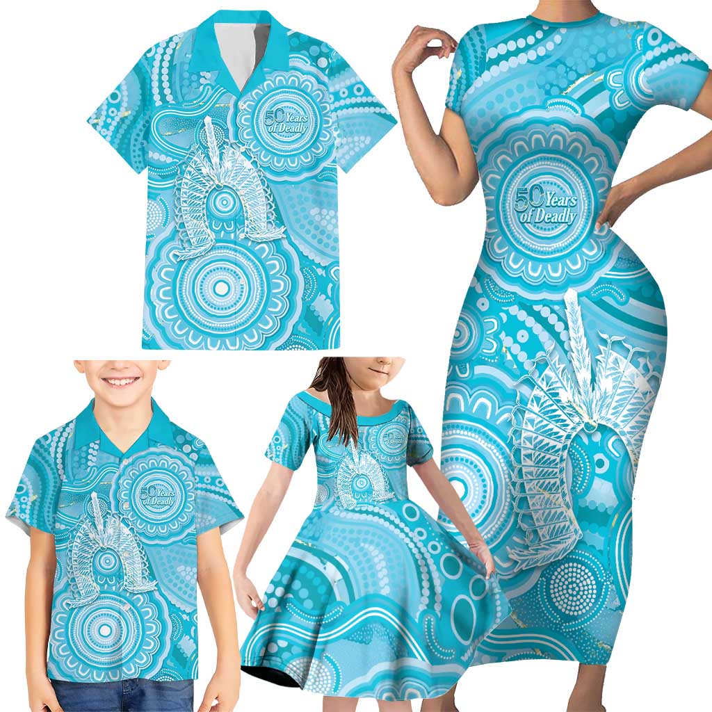 50 Years Deadly NAIDOC Week 2026 Personalised Family Matching Short Sleeve Bodycon Dress and Hawaiian Shirt Dhari Blue Indigenous Art