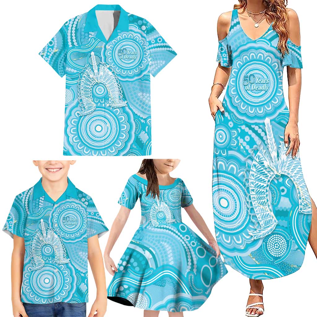 50 Years Deadly NAIDOC Week 2026 Personalised Family Matching Summer Maxi Dress and Hawaiian Shirt Dhari Blue Indigenous Art