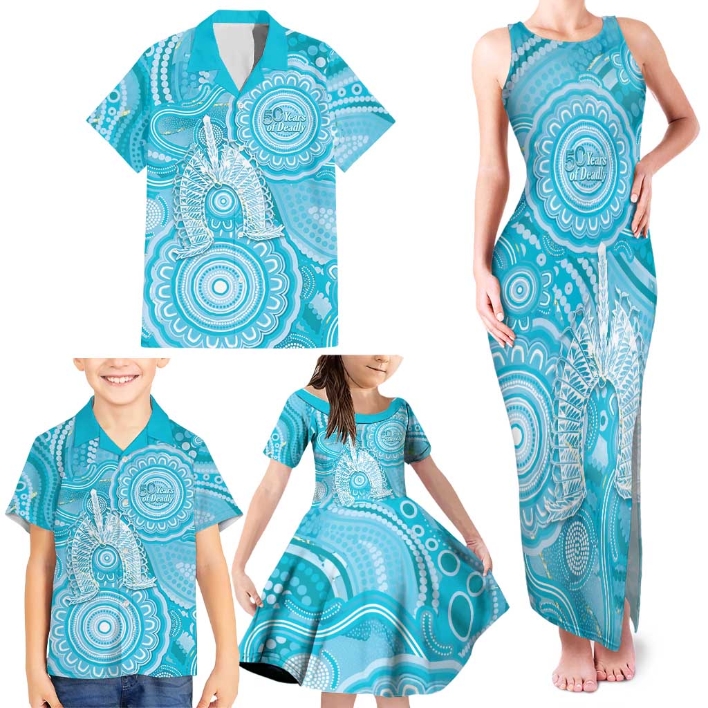 50 Years Deadly NAIDOC Week 2026 Personalised Family Matching Tank Maxi Dress and Hawaiian Shirt Dhari Blue Indigenous Art