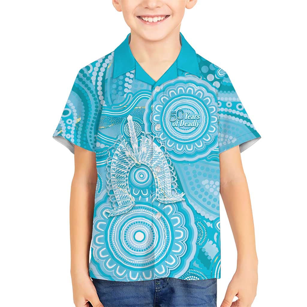 50 Years Deadly NAIDOC Week 2026 Personalised Kid Hawaiian Shirt Dhari Blue Indigenous Art