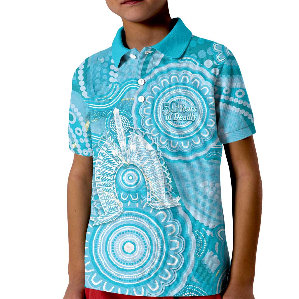 50 Years Deadly NAIDOC Week 2026 Personalised Kid Polo Shirt Dhari Blue Indigenous Art
