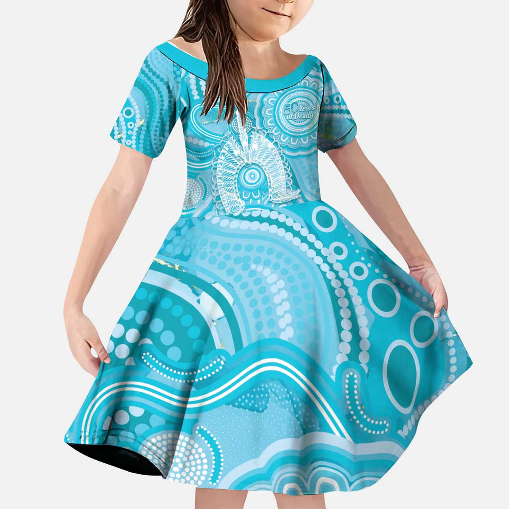 50 Years Deadly NAIDOC Week 2026 Personalised Kid Short Sleeve Dress Dhari Blue Indigenous Art