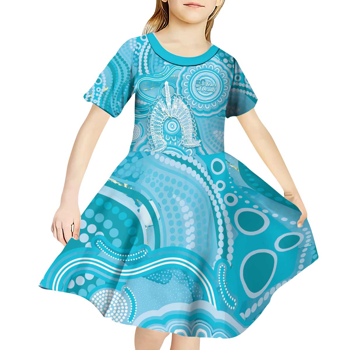 50 Years Deadly NAIDOC Week 2026 Personalised Kid Short Sleeve Dress Dhari Blue Indigenous Art