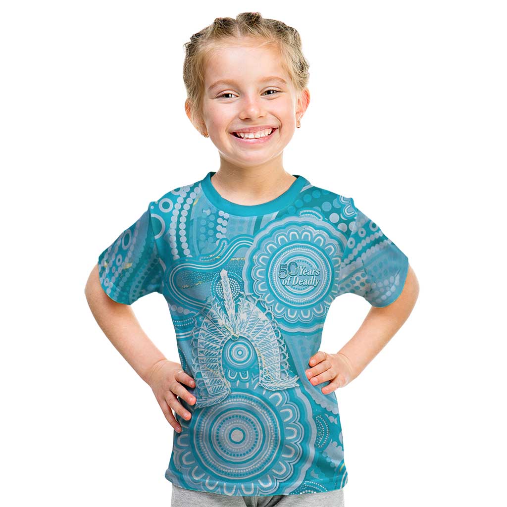 50 Years Deadly NAIDOC Week 2026 Personalised Kid T Shirt Dhari Blue Indigenous Art