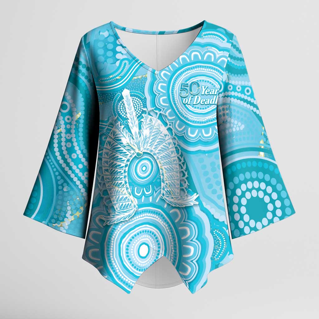 50 Years Deadly NAIDOC Week 2026 Personalised Kimono Sleeve Blouse Dhari Blue Indigenous Art