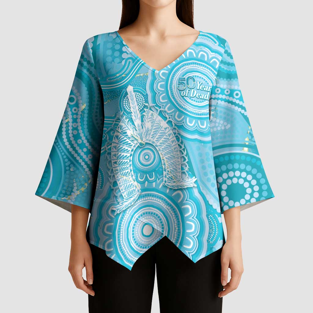 50 Years Deadly NAIDOC Week 2026 Personalised Kimono Sleeve Blouse Dhari Blue Indigenous Art