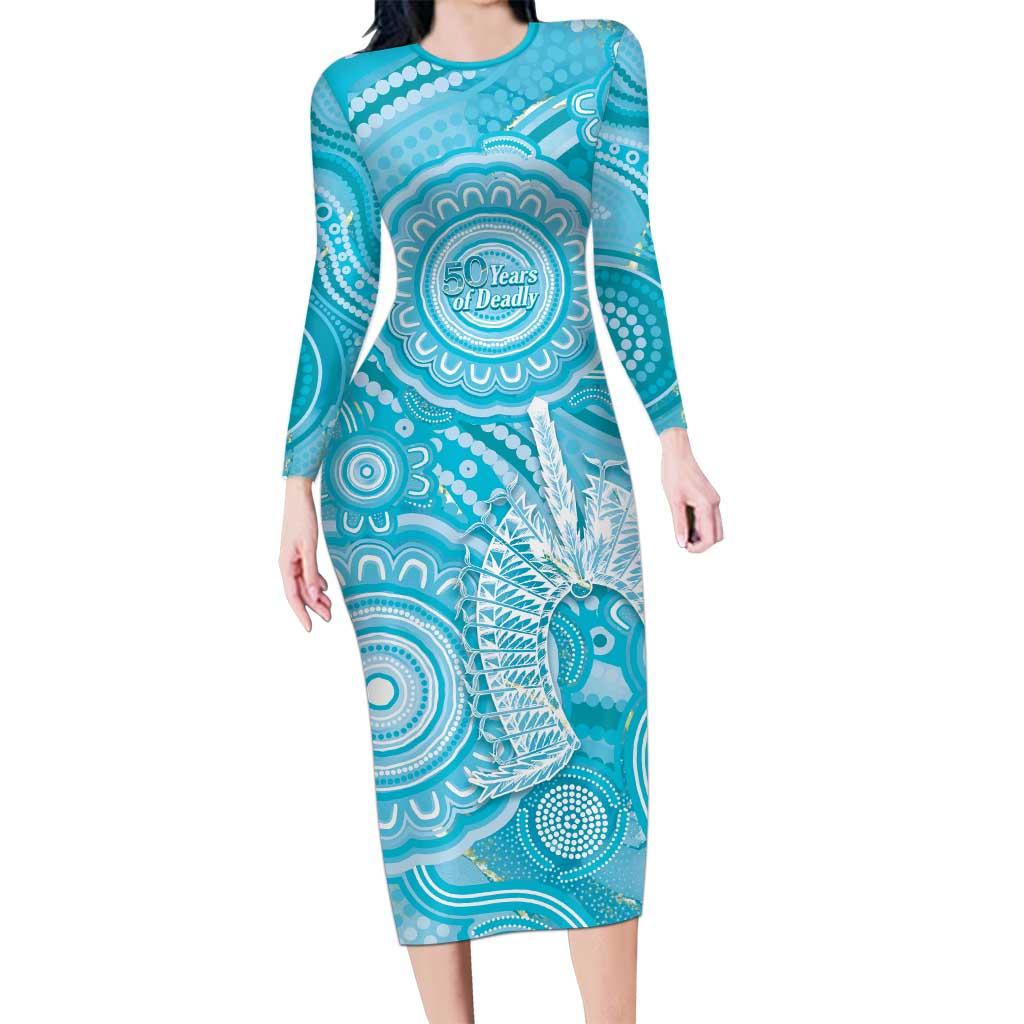 50 Years Deadly NAIDOC Week 2026 Personalised Long Sleeve Bodycon Dress Dhari Blue Indigenous Art