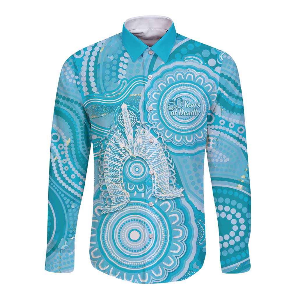 50 Years Deadly NAIDOC Week 2026 Personalised Long Sleeve Button Shirt Dhari Blue Indigenous Art
