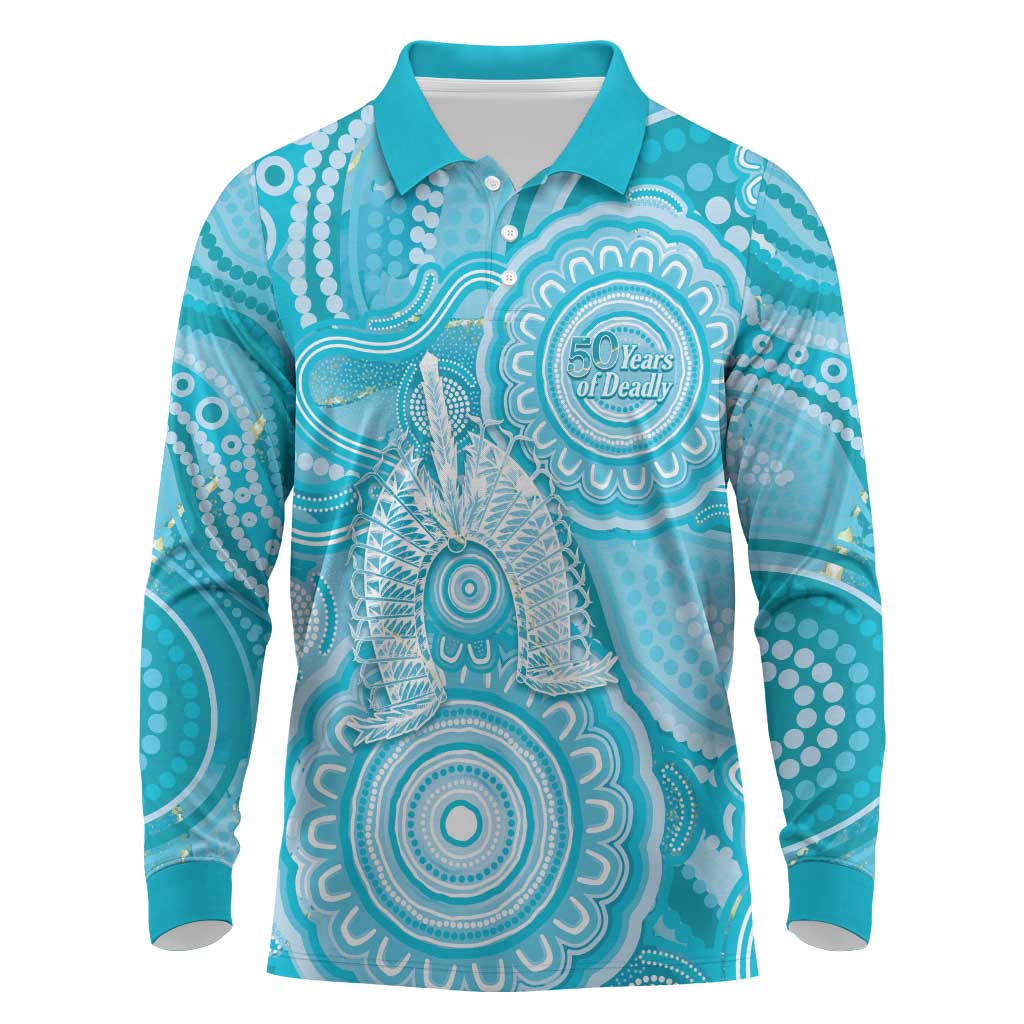 50 Years Deadly NAIDOC Week 2026 Personalised Long Sleeve Polo Shirt Dhari Blue Indigenous Art