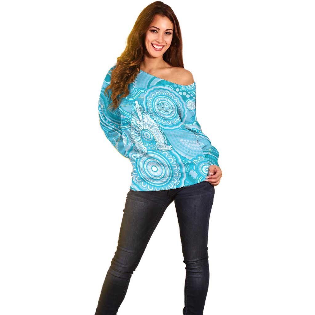 50 Years Deadly NAIDOC Week 2026 Personalised Off Shoulder Sweater Dhari Blue Indigenous Art