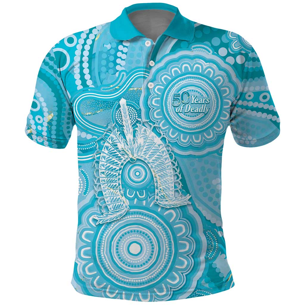 50 Years Deadly NAIDOC Week 2026 Personalised Polo Shirt Dhari Blue Indigenous Art