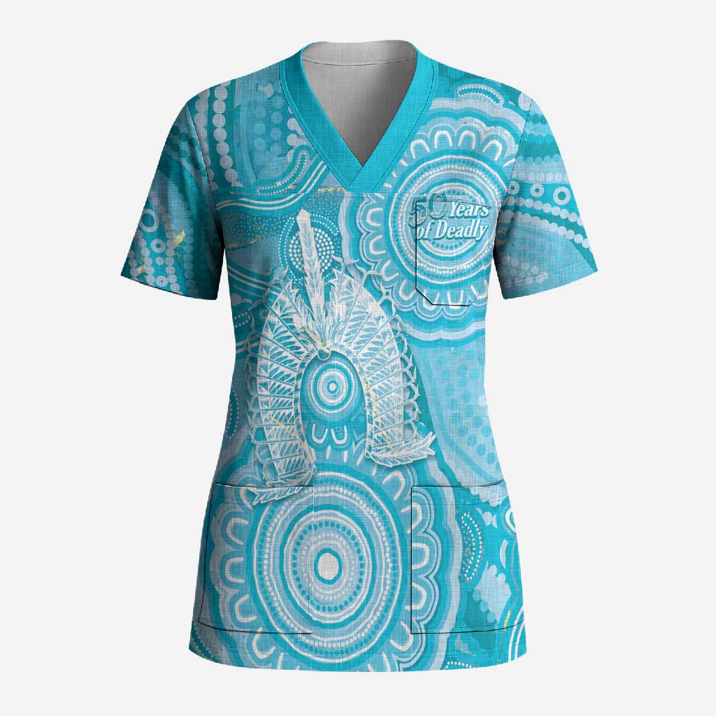 50 Years Deadly NAIDOC Week 2026 Personalised Scrub Top Dhari Blue Indigenous Art