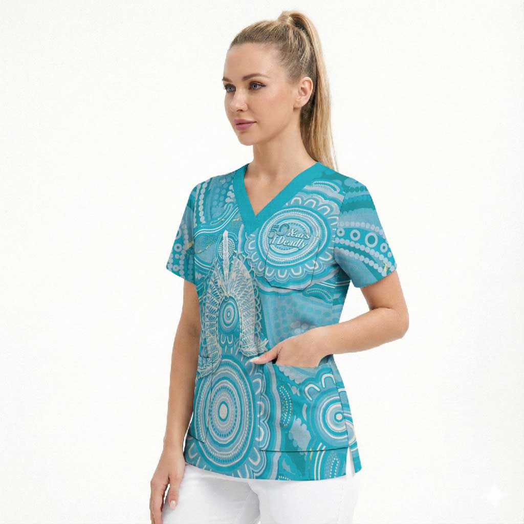 50 Years Deadly NAIDOC Week 2026 Personalised Scrub Top Dhari Blue Indigenous Art