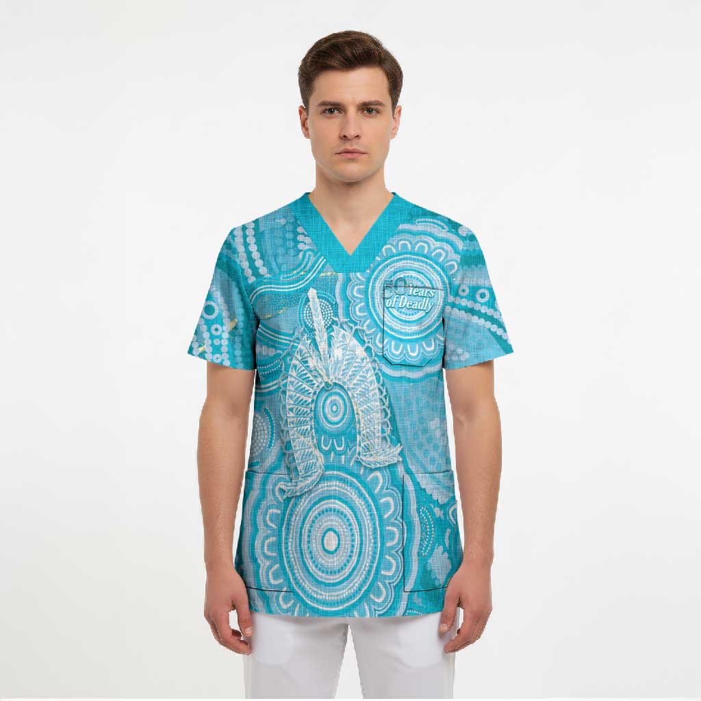 50 Years Deadly NAIDOC Week 2026 Personalised Scrub Top Dhari Blue Indigenous Art
