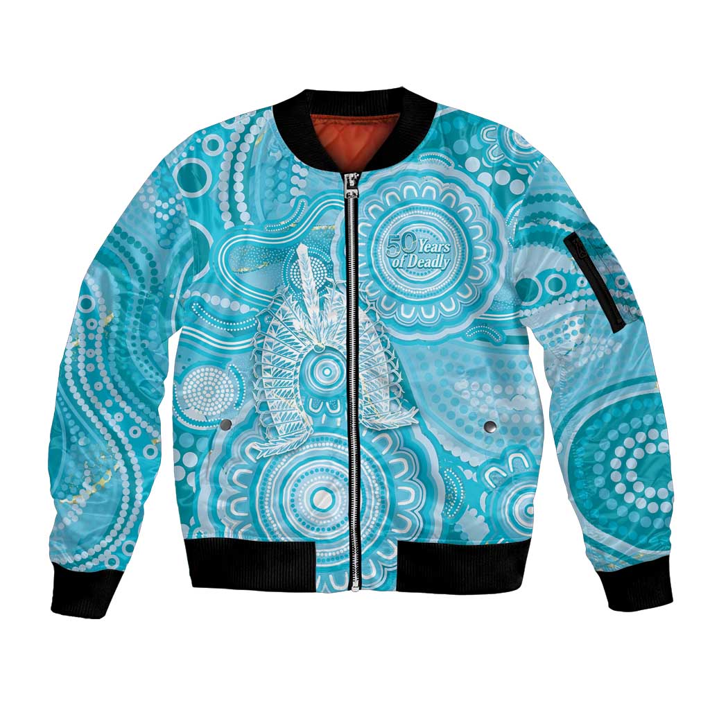 50 Years Deadly NAIDOC Week 2026 Personalised Sleeve Zip Bomber Jacket Dhari Blue Indigenous Art