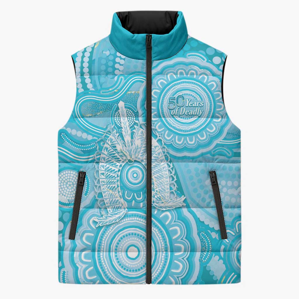 50 Years Deadly NAIDOC Week 2026 Personalised Sleeveless Puffer Jacket Dhari Blue Indigenous Art