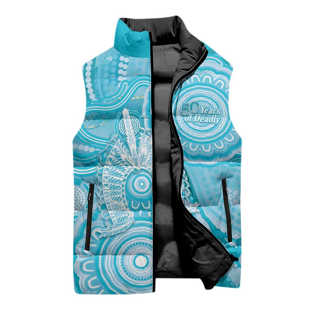 50 Years Deadly NAIDOC Week 2026 Personalised Sleeveless Puffer Jacket Dhari Blue Indigenous Art