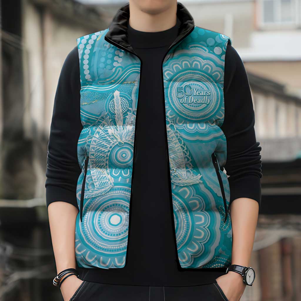 50 Years Deadly NAIDOC Week 2026 Personalised Sleeveless Puffer Jacket Dhari Blue Indigenous Art