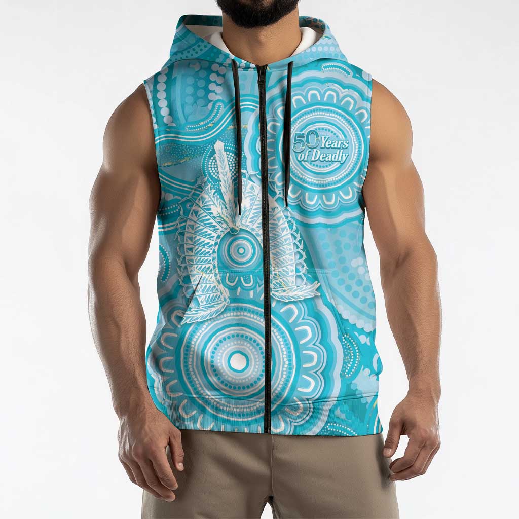 50 Years Deadly NAIDOC Week 2026 Personalised Sleeveless Zip Hoodie Dhari Blue Indigenous Art