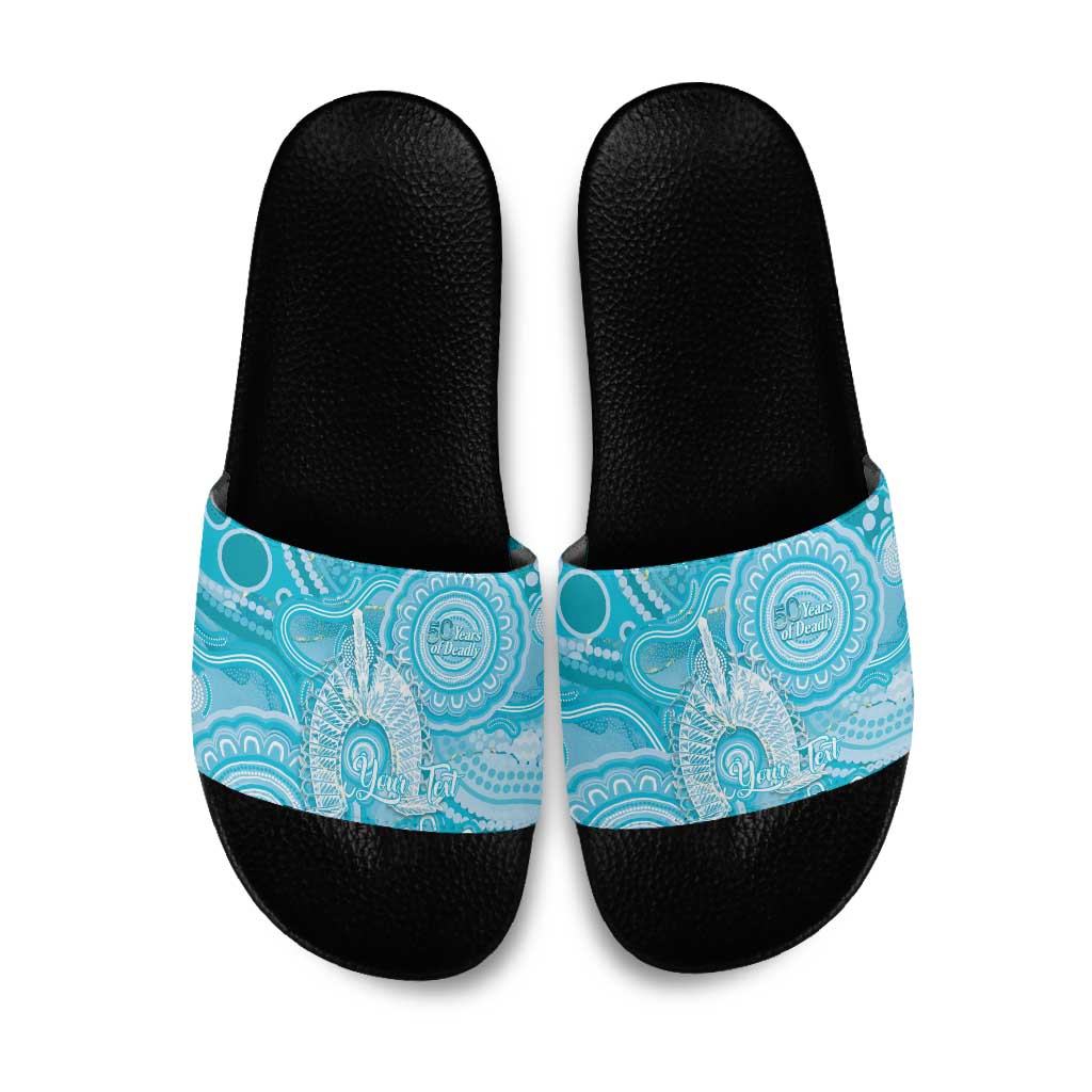 50 Years Deadly NAIDOC Week 2026 Personalised Slide Sandals Dhari Blue Indigenous Art