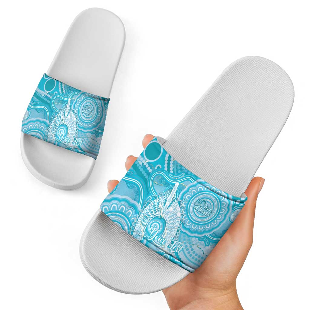 50 Years Deadly NAIDOC Week 2026 Personalised Slide Sandals Dhari Blue Indigenous Art