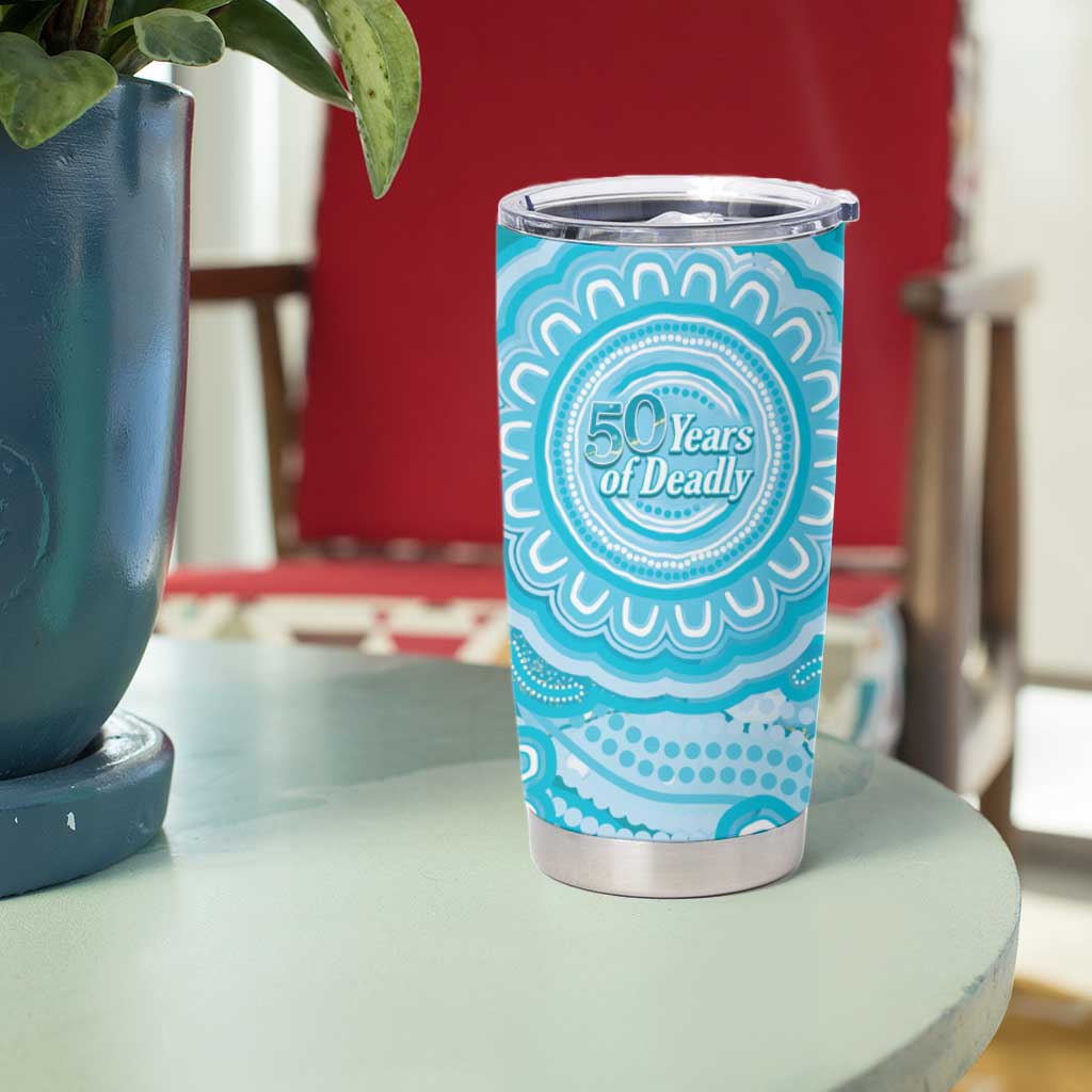 50 Years Deadly NAIDOC Week 2026 Personalised Tumbler Cup Dhari Blue Indigenous Art