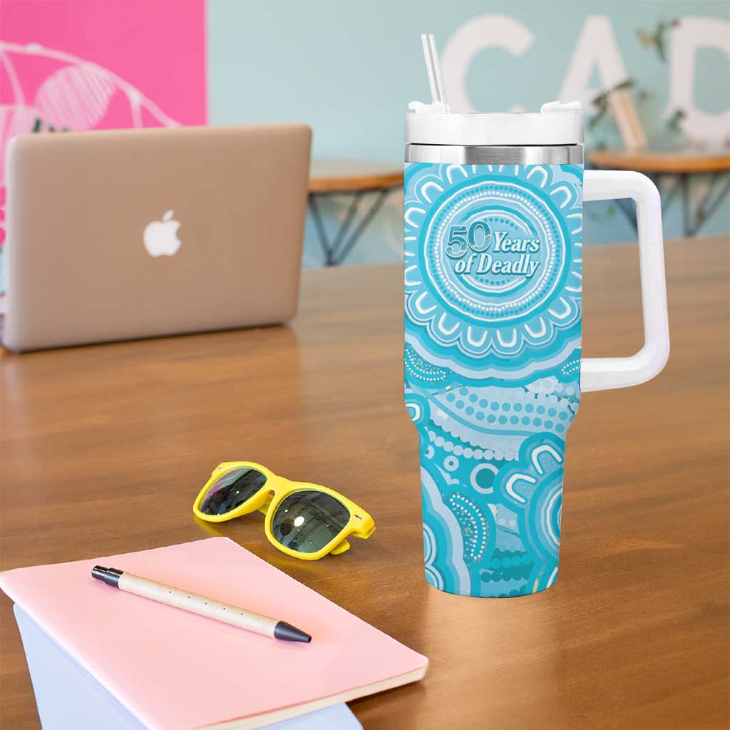 50 Years Deadly NAIDOC Week 2026 Personalised Tumbler With Handle Dhari Blue Indigenous Art