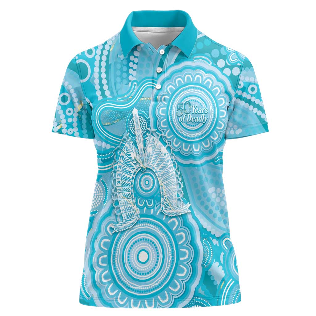 50 Years Deadly NAIDOC Week 2026 Personalised Women Polo Shirt Dhari Blue Indigenous Art