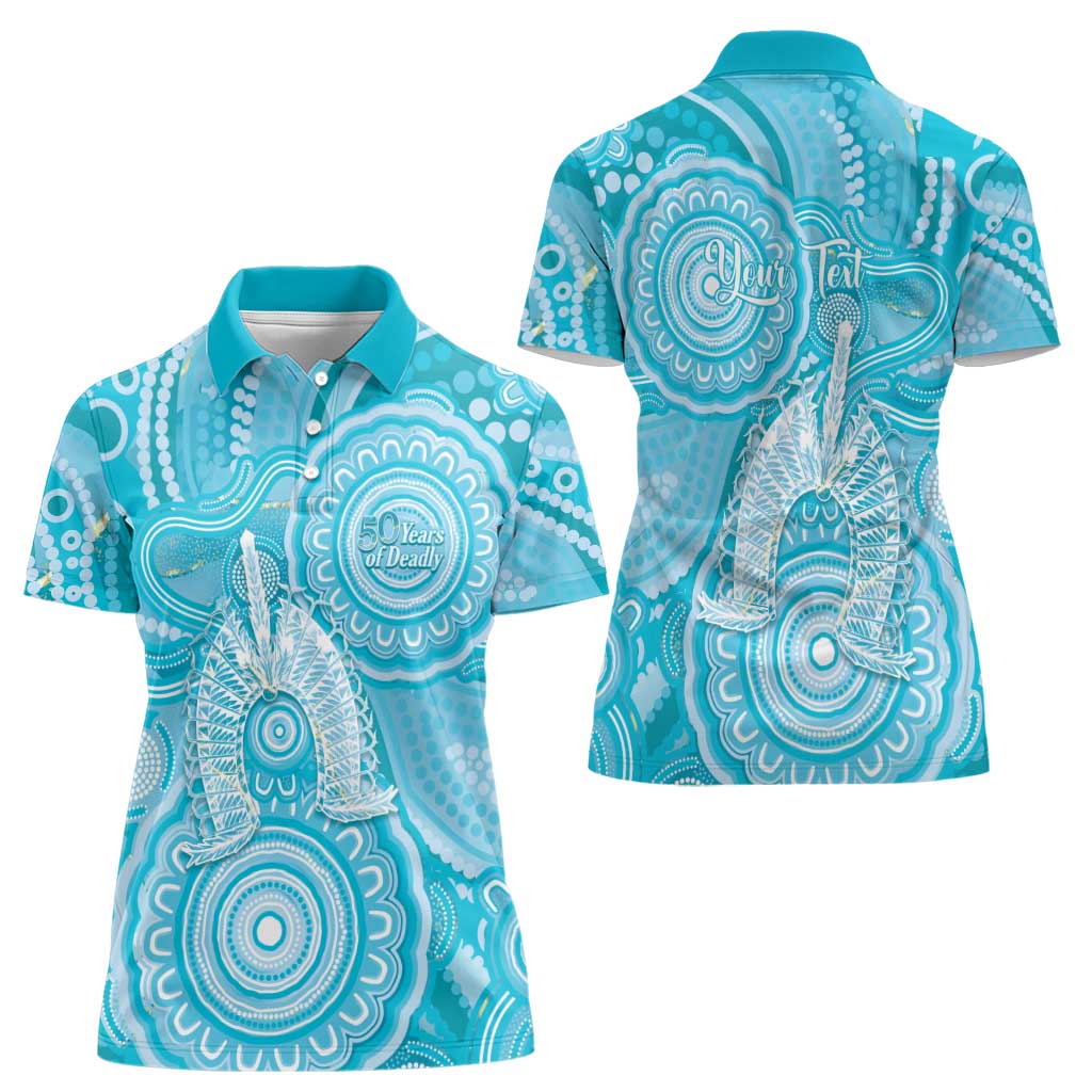 50 Years Deadly NAIDOC Week 2026 Personalised Women Polo Shirt Dhari Blue Indigenous Art