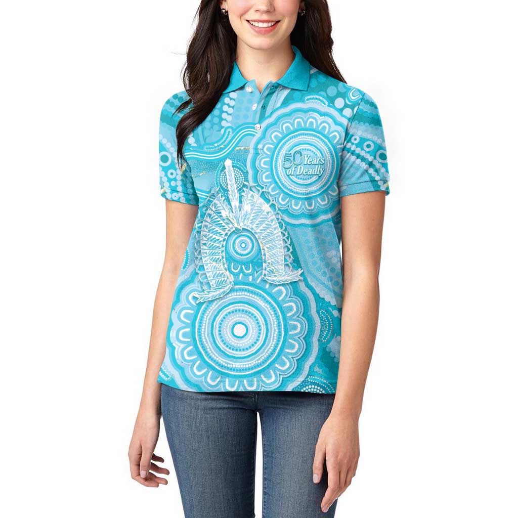 50 Years Deadly NAIDOC Week 2026 Personalised Women Polo Shirt Dhari Blue Indigenous Art