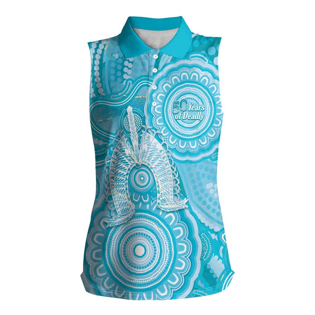 50 Years Deadly NAIDOC Week 2026 Personalised Women Sleeveless Polo Shirt Dhari Blue Indigenous Art