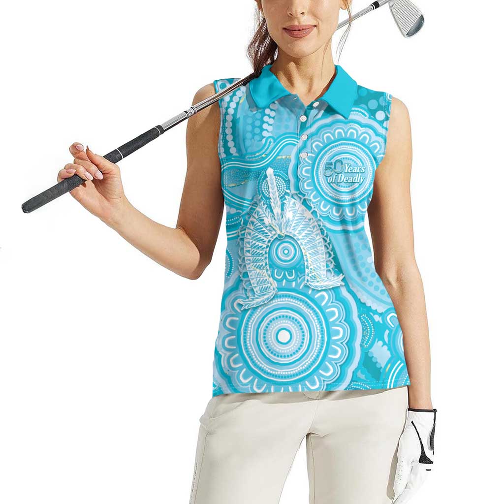 50 Years Deadly NAIDOC Week 2026 Personalised Women Sleeveless Polo Shirt Dhari Blue Indigenous Art