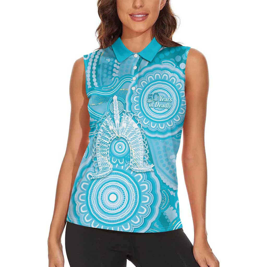 50 Years Deadly NAIDOC Week 2026 Personalised Women Sleeveless Polo Shirt Dhari Blue Indigenous Art