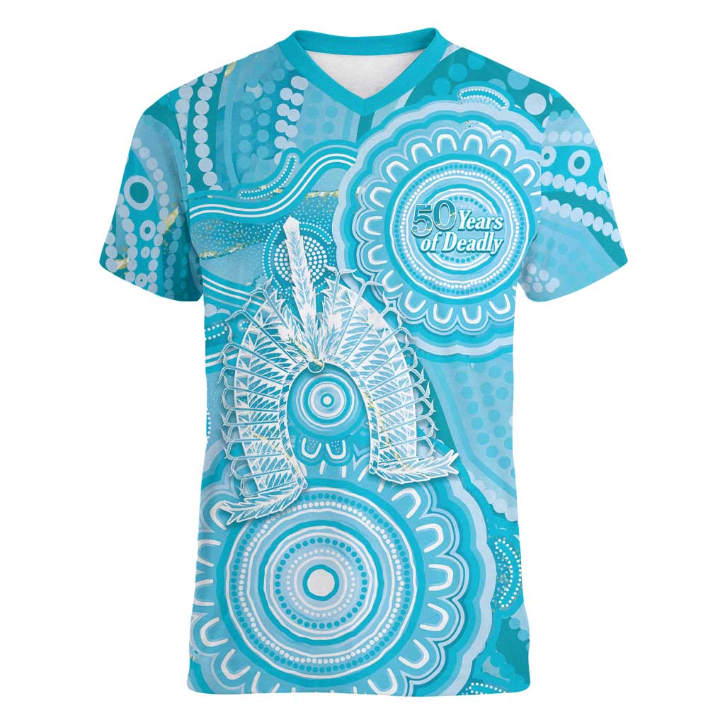 50 Years Deadly NAIDOC Week 2026 Personalised Women V-Neck T-Shirt Dhari Blue Indigenous Art