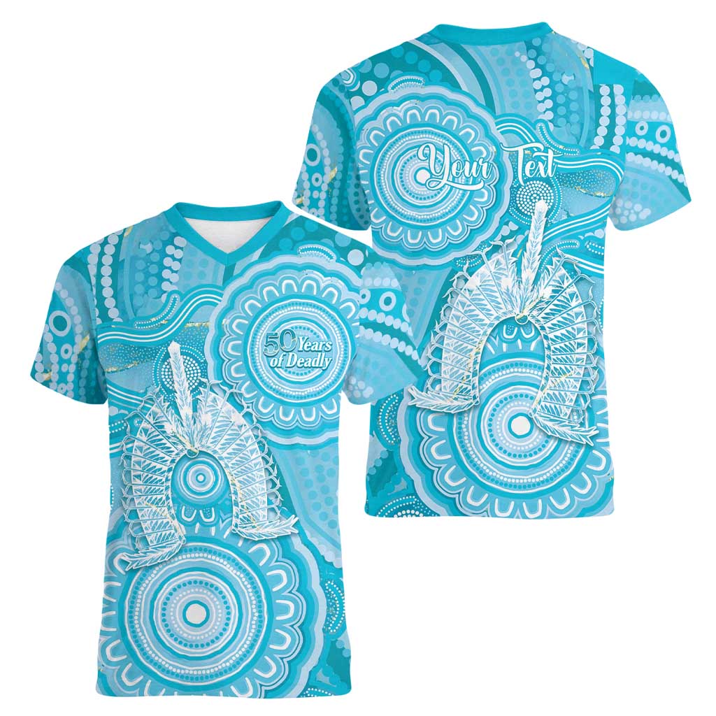 50 Years Deadly NAIDOC Week 2026 Personalised Women V-Neck T-Shirt Dhari Blue Indigenous Art