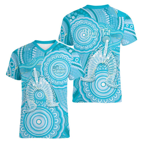 50 Years Deadly NAIDOC Week 2026 Personalised Women V-Neck T-Shirt Dhari Blue Indigenous Art