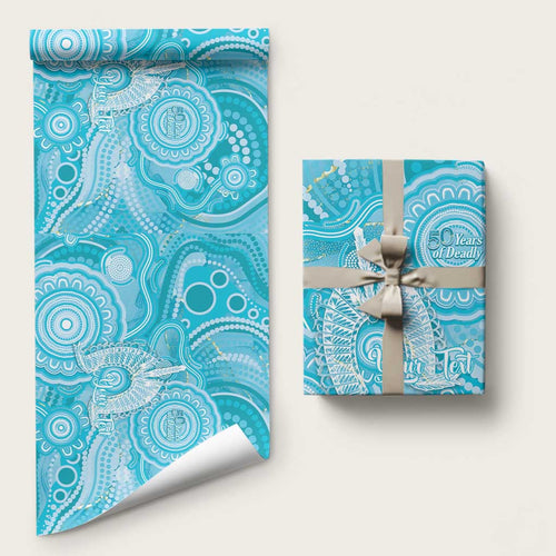 50 Years Deadly NAIDOC Week 2026 Personalised Wrapping Paper Dhari Blue Indigenous Art