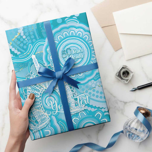 50 Years Deadly NAIDOC Week 2026 Personalised Wrapping Paper Dhari Blue Indigenous Art