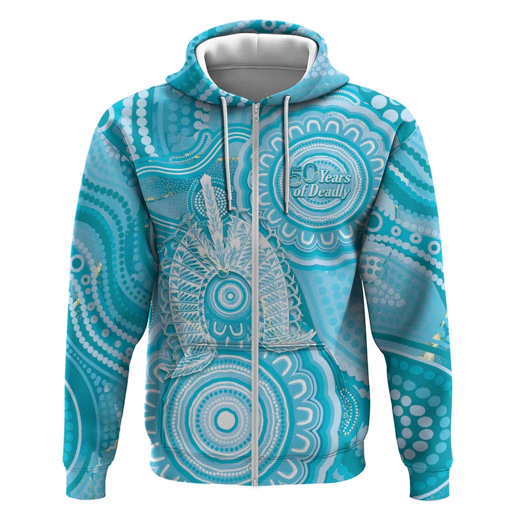 50 Years Deadly NAIDOC Week 2026 Personalised Zip Hoodie Dhari Blue Indigenous Art