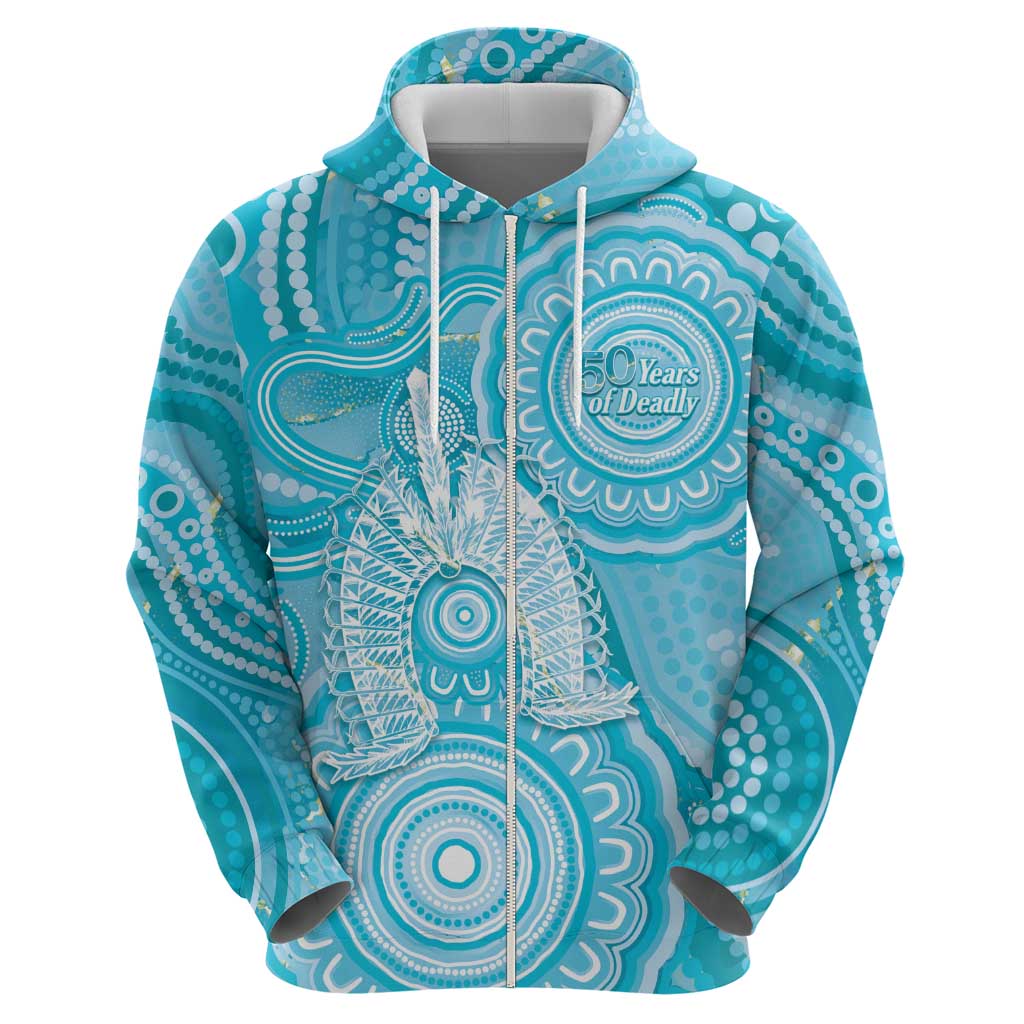 50 Years Deadly NAIDOC Week 2026 Personalised Zip Hoodie Dhari Blue Indigenous Art