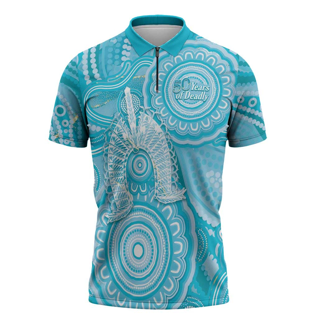 50 Years Deadly NAIDOC Week 2026 Personalised Zipper Polo Shirt Dhari Blue Indigenous Art